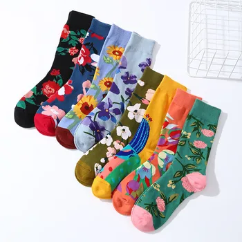 1уп цветочный принт носки для женщин ретро графический хлопок носки милый сладкий художественные носки для девочки, винтажные мягкие удобные носки