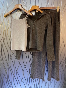 2023 новый женский модный костюм на подтяжках + пуловер, свитер + брюки с завязками на талии, комплект из трех предметов 0908