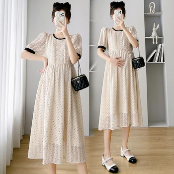 9675 2023, Летнее Корейское модное Длинное платье в горошек с принтом для беременных, Элегантная Милая одежда трапециевидной формы для беременных.