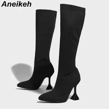 Aneikeh 2024 Модные трикотажные полотняные простые однотонные сапоги до колена с острым носком, женские ботинки 