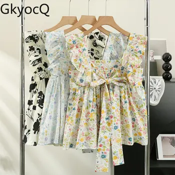 GkyocQ Пуловер с цветочным принтом и оборками, Женские Корейские Милые Летние топы, Женская элегантная блузка с коротким рукавом и квадратным воротником.