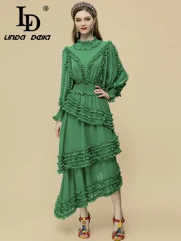 LD LINDA DELLA 2023 Новое Модное Летнее платье для подиума, женское платье с рукавом-фонариком, эластичный пояс, Каскадные оборки, зеленое асимметричное платье