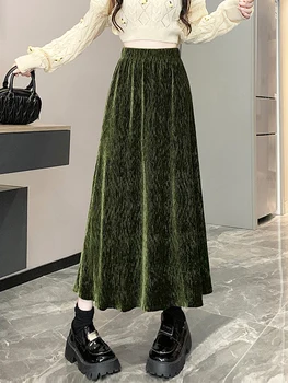 TIGENA Fashion Складывает Бархатную длинную юбку для женщин 2023, Осень-зима, Винтажная Элегантная Однотонная юбка Макси трапециевидной формы с высокой талией, женская
