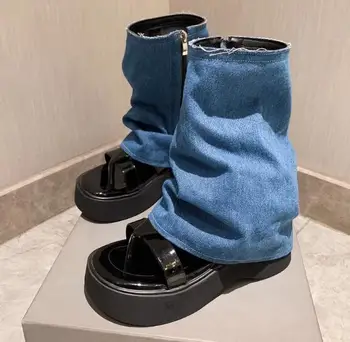 UVRCOS, Сексуальные сандалии-вьетнамки, Джинсовые синие сапоги на плоской платформе, Женские ботинки на плоской подошве в Римском стиле, Черный, белый