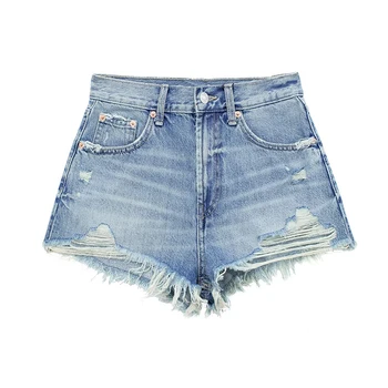 YENKYE 2023 Женские джинсовые шорты с высокой талией и изогнутыми карманами, Винтажные женские рваные летние короткие брюки