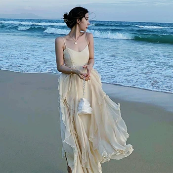 Весенне-летнее шифоновое платье в пляжном стиле с подтяжками на бретельках и вырезом лодочкой, однотонные халаты, сексуальное элегантное платье с открытой спиной для женщин