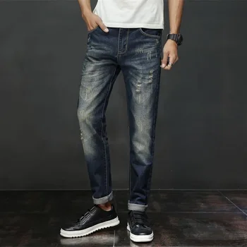 Весна и осень 2023, новая классическая мода, ретро Эластичные однотонные рваные джинсы, мужские повседневные удобные джинсы высокого качества