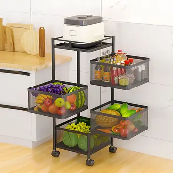 Вращающаяся кухонная полка для хранения, 4-ярусная корзина для овощей и фруктов, напольная подставка для хранения, тележка на колесиках