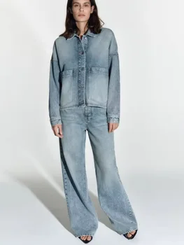 Высококачественная осенняя новинка 2023 года, удобное свободное украшение с накладным карманом, застиранная джинсовая рубашка, куртка + брюки с высокой талией, женский костюм