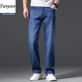 Высококачественные стрейчевые мужские джинсы, прямые свободные летние хлопковые тонкие Классические широкие брюки, повседневные брюки большого размера