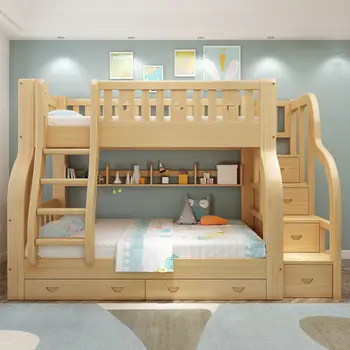Детская кровать из цельного дерева, материнская кровать для взрослых, матери и ребенка, двухслойная высокая и низкая кровать, двухъярусная деревянная кровать, двуспальная кровать