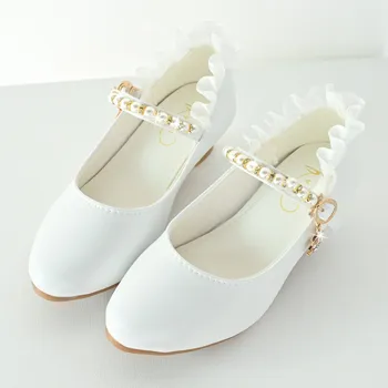 Детские туфли на высоком каблуке, весенне-осенняя мода, жемчужное кружево, Свадебные туфли принцессы для девочек, Кожаные туфли для студенческих выступлений, танцевальная обувь