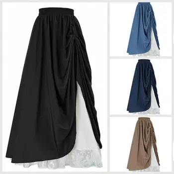Женская юбка, кружевная строчка, плиссированная юбка Макси сбоку, Однотонная Двухслойная длинная юбка, Эластичная юбка А-силуэта в стиле ретро с высокой талией