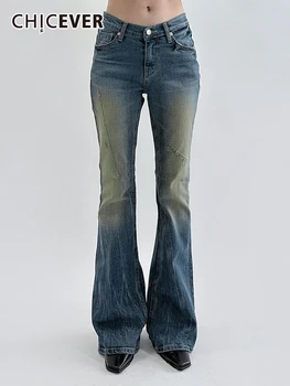 Женские брюки-клеш винтажного хита CHICEVER, высокая талия, карманы в стиле пэчворк, уличная одежда, старые джинсовые брюки для похудения, женские