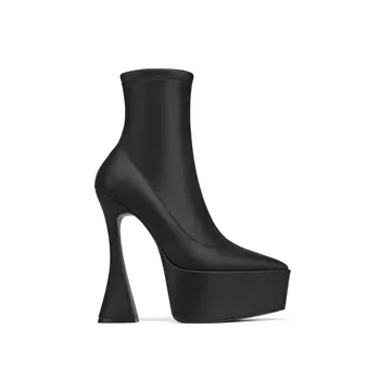 Женские модные эластичные ботинки на толстой подошве с острым носком на толстом высоком каблуке и платформе, Удобные черные короткие сапоги