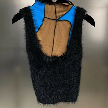 Женский свитер без рукавов со стоячим воротником, осень 2023, модный жилет из тонкой вязки контрастного цвета в стиле пэчворк, женский пуловер Y4317