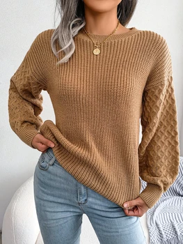 Женский свитер Повседневный топ с длинным рукавом-фонариком, вязаные пуловеры, свитера, осень-зима, повседневный Свободный Комфорт, Универсальная мода