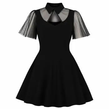 Женское летнее повседневное винтажное платье Черное готическое кружевное Прозрачное Стильное Сетчатое платье с рукавом, сексуальное платье в готическом стиле, элегантные платья-качели