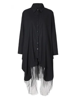 Женское Черное сетчатое платье-рубашка неправильной формы Большого размера, Новый отворот, длинный рукав, Свободный крой, Мода Весна-осень, O537