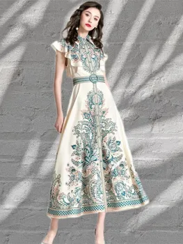 Женское Элегантное Однобортное Длинное платье с летним модным принтом, рюшами, Трапециевидной формы с поясом, Vestidos, Корейские платья-рубашки