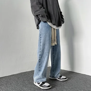 Зимние Новые Толстые мешковатые джинсы Мужские в корейском стиле Модная уличная одежда Прямые широкие брюки Мужские джинсы с плетеной веревкой