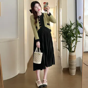 Зимний Корейский стиль, вязаный кардиган для беременных + Облегающее плиссированное платье для кормления, комплект из двух предметов, комплект одежды для беременных и кормящих