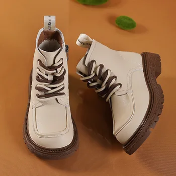 Кожаные ботинки по щиколотку для девочек и мальчиков на молнии со шнуровкой, походная водонепроницаемая противоскользящая прочная боевая обувь для детей