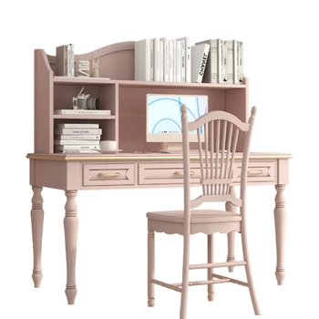 Комбинация компьютерного стола и стула Розовый письменный стол с книжной полкой Офисный стол Комбинация мебели для кабинета