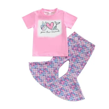 Комплекты одежды для девочек из бутика 2023, Новые летние футболки с короткими рукавами и принтом Русалки для девочек + расклешенные брюки с рыбьей чешуей, 2 шт