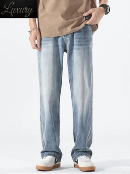 Летние легкие и тонкие мужские прямые джинсы из дышащего хлопка с лиоцеллом, повседневные синие широкие джинсовые брюки большого размера, мешковатые брюки