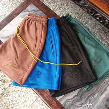 Летние шорты Rhude из замшевой ткани Для мужчин и женщин 1: 1, бриджи с вышитым логотипом Rhude на шнурке лучшего качества, мужская одежда, уличная одежда