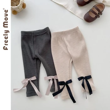 Милые детские брюки свободного кроя для девочек Осень-осень, леггинсы для маленьких девочек 2023, одежда для младенцев, трикотажные узкие брюки с бантом