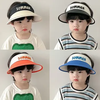 Модная детская солнцезащитная кепка с надписью, детская шляпа с большими полями, Очки, встроенный пустой цилиндр, Пляжная шляпа от солнца с мультяшным фанатом от 2 до 12 лет