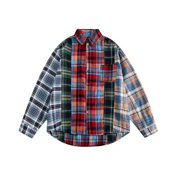 Модные уличные рубашки в клетку в стиле хип-хоп, свободного покроя, рубашка Harajuku Y2K, Мешковатые топы с заплатками, с длинным рукавом