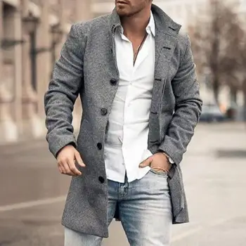 Мужская одежда 2023, Европейская, американская, осень-зима, Новое мужское шерстяное повседневное шерстяное пальто средней длины с карманом и воротником-стойкой