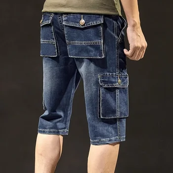 Мужские джинсовые шорты-карго с множеством карманов, летние Свободные прямые укороченные брюки, уличные джинсы для мужчин