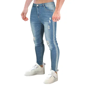 Мужские джинсы 2021, осень-зима, новые Европейские мужские модные однотонные брюки-карандаш с потертостями и дырками, узкие джинсовые брюки, джинсы-бойфренды