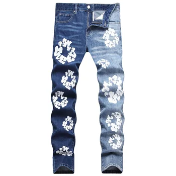 Мужские джинсы с цветочным принтом Модные контрастные джинсовые брюки Стрейч окрашенного цвета, Тонкие Прямые брюки Синего, черного, белого цвета