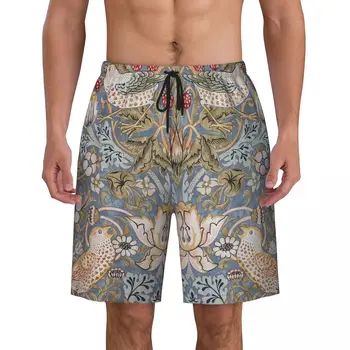 Мужские плавки с принтом Strawberry Thief, Быстросохнущая пляжная одежда, пляжные шорты-бордшорты William Morris с цветочным текстильным рисунком
