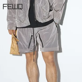 Мужские шорты FEWQ С модным металлическим украшением на молнии, Американский дизайн с эластичной резинкой на талии и шнурками, Новая мода, Контрастная Осень 24X1644