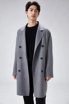 Мужское шерстяное пальто, длинное однотонное двубортное шерстяное пальто, осенне-зимнее мужское кашемировое пальто