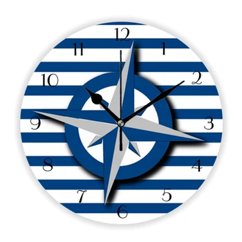 Настенные часы с компасом в морскую синюю и белую полоску, большие Декоративные настенные часы с океаном и морской водой, домашний декор для спальни, гостиной