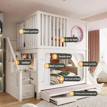 Низкая детская кровать С лестницей, шкаф, Защитное ограждение, Двухъярусная кровать, Многофункциональная детская кровать из массива дерева для мальчика и девочки