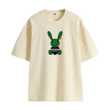 Новая футболка со свободными плечами и короткими рукавами, модная футболка с кроликом и короткими рукавами, крупная хлопковая футболка с короткими рукавами, тонкая футболка с короткими рукавами, черная