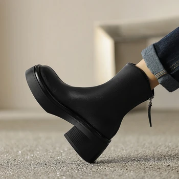 Осенние женские ботинки с круглым носком Женские ботинки на толстом каблуке Женская обувь из микрофибры Зимние короткие ботинки на молнии Женские ботинки на платформе