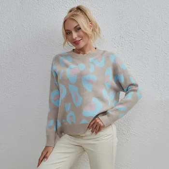 Осень / Зима 2023, новый свитер Walmart с контрастным леопардовым принтом, женский пуловер с круглым вырезом