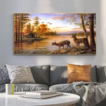 Пейзаж с оленями на холсте Плакаты с животными и деревьями и принты Настенные рисунки для гостиной Домашний декор Парк Озеро Небо