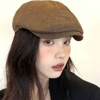 Передняя шляпа женская летняя хлопчатобумажная льняная дышащая ретро-ins корейская версия британского берета обратная кепка мужская