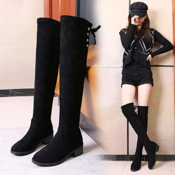 пикантные женские туфли для танцев, кружевные ботфорты выше колена, сапоги до бедра на толстом высоком каблуке с квадратным носком, черные кружевные длинные сапоги большого размера
