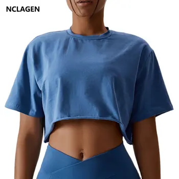 Повседневная футболка NCLAGEN, Хлопковая женская одежда для танцев и бега с коротким рукавом, укороченный топ для йоги и фитнеса, свободные рубашки для тренировок в тренажерном зале